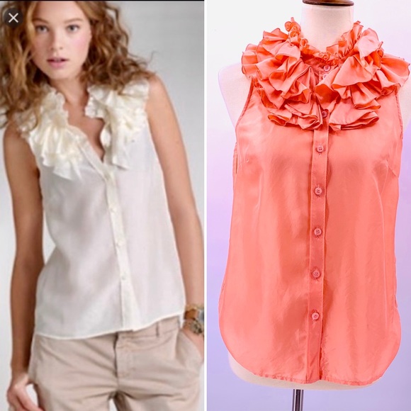 J. Crew Tops - J. Crew Silk Peach Ruffle Neckline Button Front